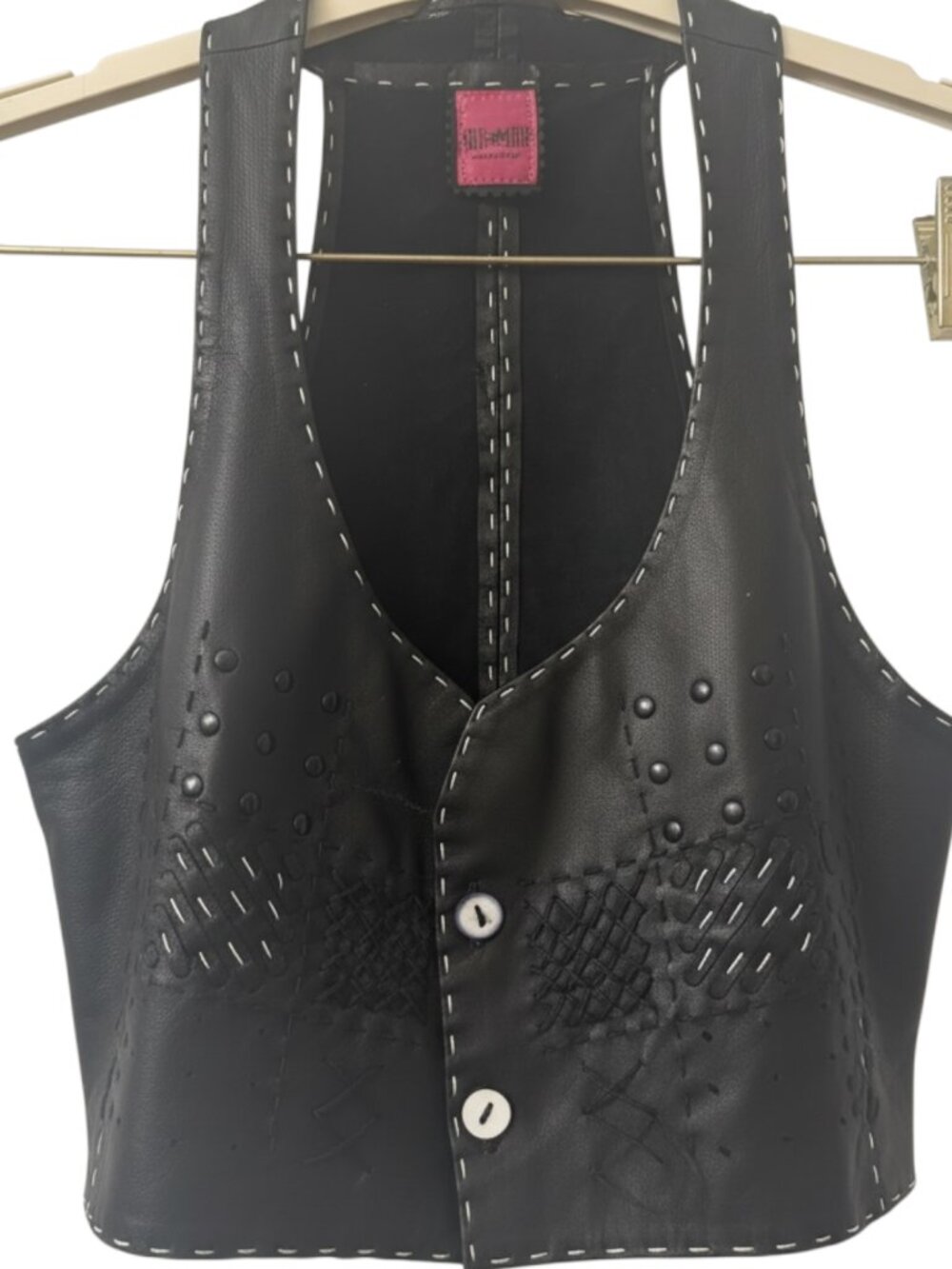 NWOT Save the Queen Italian Leather Artisan Vest - Black/White Stitching